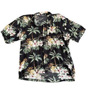Vintage Anon Mens Hawaiian Shirt L Black Pineapple Palm Leaves Short Sleeve